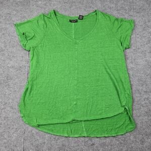 Tahari Shirt Womens 1X Kelly Green Linen V Neck Coastal Minimal Classic Top